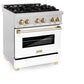 ZLINE Autograph Edition 30 in. 4.0 cu. ft. Legacy Dual Fuel Range with 4 Burner Gas Cooktop and Electric Convection Oven in Satin Stainless Steel with White Matte Door and Polished Gold Accents (RASZ-WM-30-G) side, oven closed.