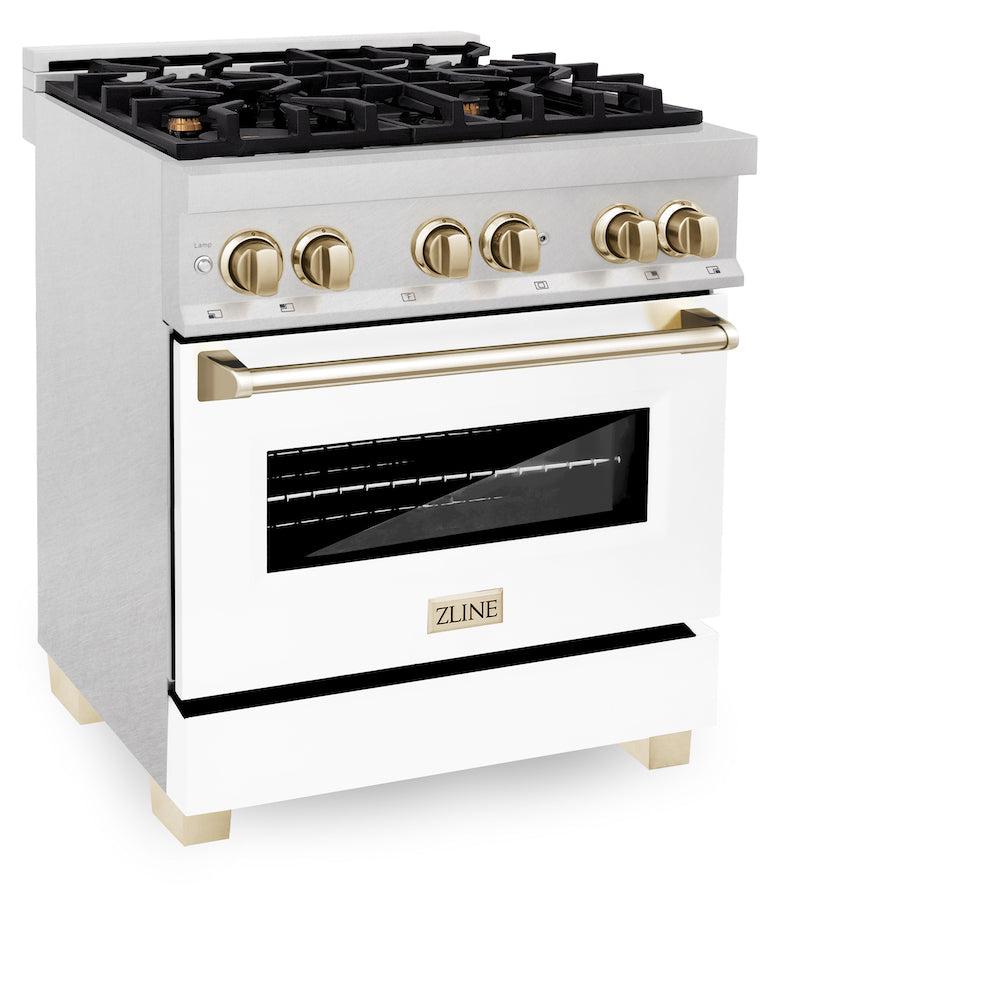 ZLINE Autograph Edition 30 in. 4.0 cu. ft. Legacy Dual Fuel Range with 4 Burner Gas Cooktop and Electric Convection Oven in Satin Stainless Steel with White Matte Door and Polished Gold Accents (RASZ-WM-30-G) side, oven closed.