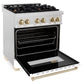 ZLINE Autograph Edition 30 in. 4.0 cu. ft. Legacy Dual Fuel Range with 4 Burner Gas Cooktop and Electric Convection Oven in Satin Stainless Steel with White Matte Door and Polished Gold Accents (RASZ-WM-30-G) side, oven open.