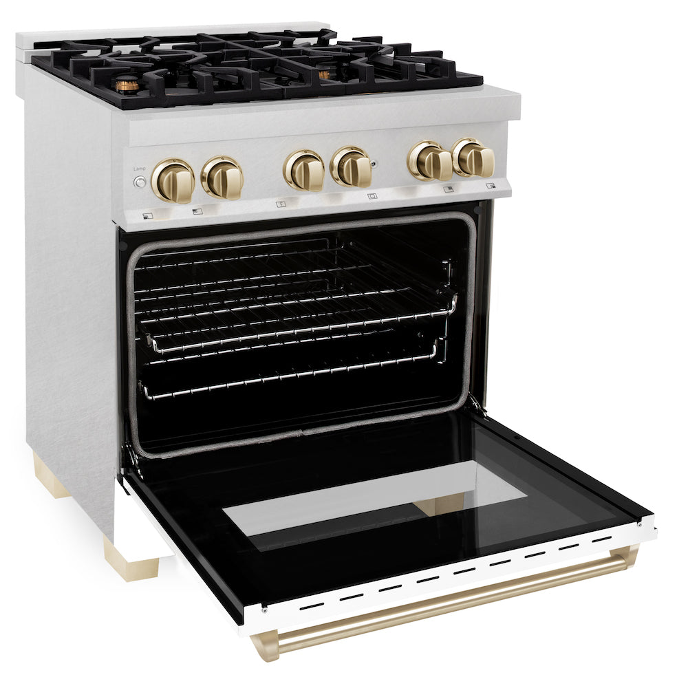 ZLINE Autograph Edition 30" Dual Fuel Range in DuraSnow® Stainless Steel with White Matte Oven Door and Polished Gold Accents (RASZ-WM-30-G) side, oven door open.