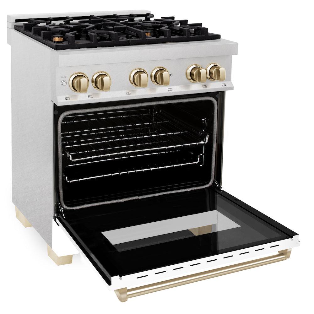 ZLINE Autograph Edition 30 in. 4.0 cu. ft. Legacy Dual Fuel Range with 4 Burner Gas Cooktop and Electric Convection Oven in Satin Stainless Steel with White Matte Door and Polished Gold Accents (RASZ-WM-30-G) side, oven open.