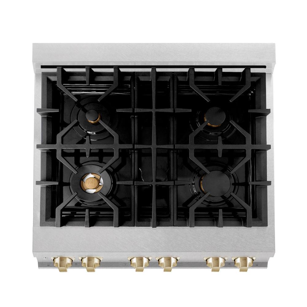 ZLINE Autograph Edition 30 in. 4.0 cu. ft. Legacy Dual Fuel Range with 4 Burner Gas Cooktop and Electric Convection Oven in Satin Stainless Steel with White Matte Door and Polished Gold Accents (RASZ-WM-30-G) top-down, above cooktop.