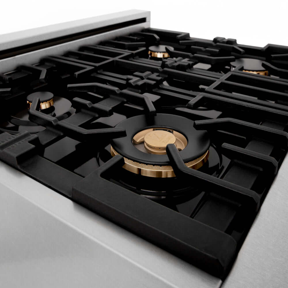 ZLINE brass burners and black porcelain cooktop on Autograph Edition range.