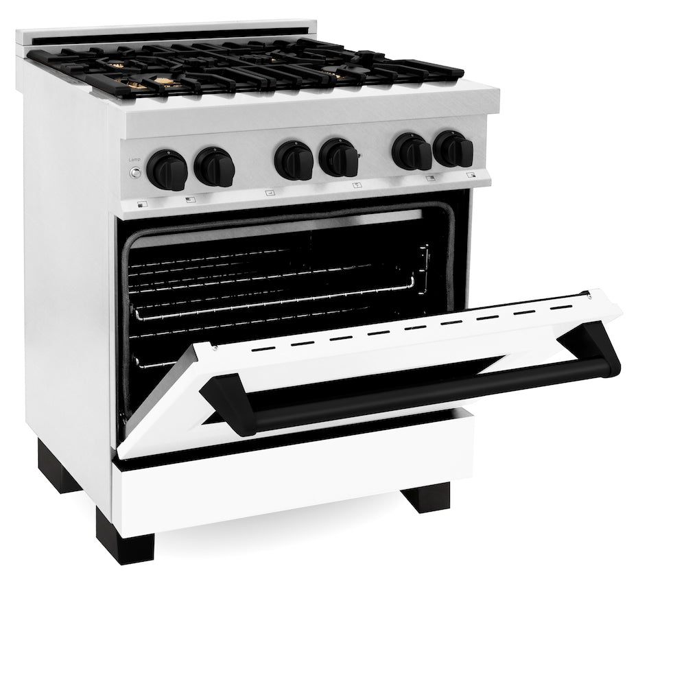 ZLINE Autograph Edition 30 in. 4.0 cu. ft. Dual Fuel Range with Gas Stove and Electric Oven in Fingerprint Resistant Stainless Steel with White Matte Door and Matte Black Accents (RASZ-WM-30-MB) side, oven half open.