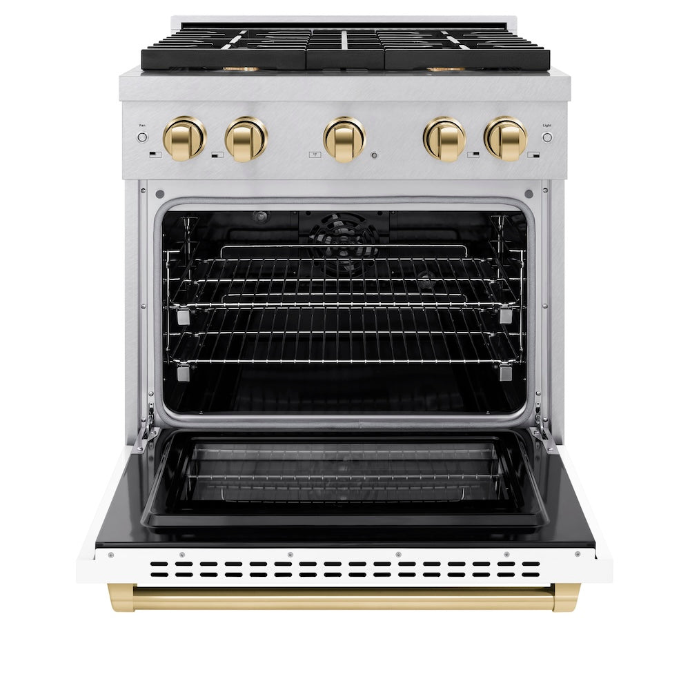 ZLINE Autograph Edition 30 in. 4.2 cu. ft. Paramount Dual Fuel Range with 4 Burner Gas Cooktop and Electric Convection Oven in DuraSnow® Stainless Steel with White Matte Door and Polished Gold Accents (SDRSZ-WM-30-G) front, oven open.