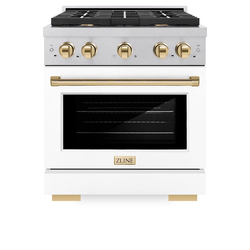 ZLINE Autograph Edition 30 in. 4.2 cu. ft. Paramount Dual Fuel Range with 4 Burner Gas Cooktop and Electric Convection Oven in DuraSnow® Stainless Steel with White Matte Door and Polished Gold Accents (SDRSZ-WM-30-G) front, oven closed.