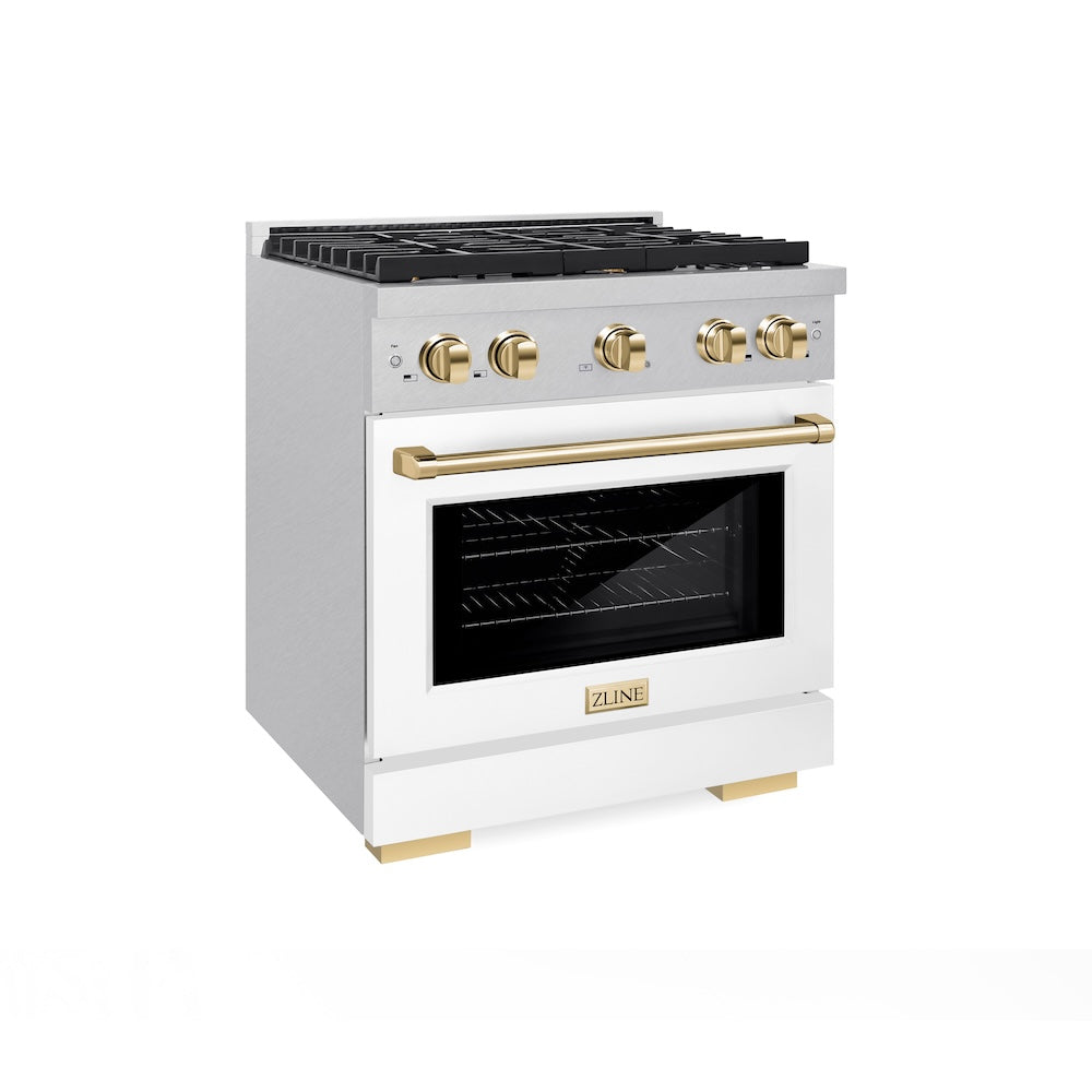 ZLINE Autograph Edition 30 in. 4.2 cu. ft. Paramount Dual Fuel Range with 4 Burner Gas Cooktop and Electric Convection Oven in DuraSnow® Stainless Steel with White Matte Door and Polished Gold Accents (SDRSZ-WM-30-G) side, oven closed.