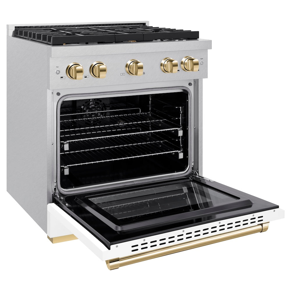 ZLINE Autograph Edition 30 in. 4.2 cu. ft. Paramount Dual Fuel Range with 4 Burner Gas Cooktop and Electric Convection Oven in DuraSnow® Stainless Steel with White Matte Door and Polished Gold Accents (SDRSZ-WM-30-G) side, oven open.