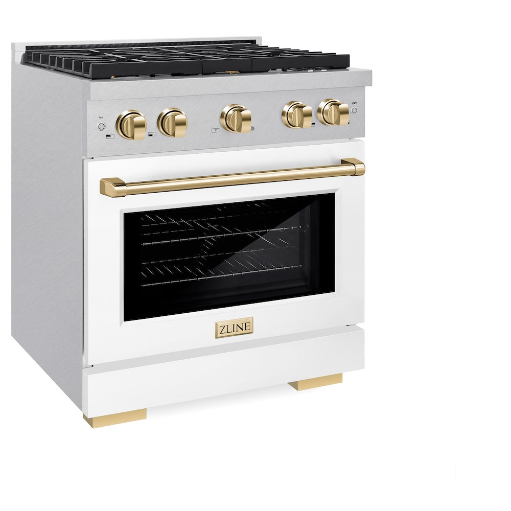 ZLINE Autograph Edition 30 in. 4.2 cu. ft. Paramount Dual Fuel Range with 4 Burner Gas Cooktop and Electric Convection Oven in DuraSnow® Stainless Steel with White Matte Door and Polished Gold Accents (SDRSZ-WM-30-G) side, oven closed.