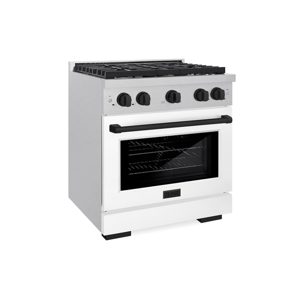 ZLINE Autograph Edition 30 in. 4.2 cu. ft. Paramount Dual Fuel Range with 4 Burner Gas Cooktop and Electric Convection Oven in DuraSnow® Stainless Steel with White Matte Door and Matte Black Accents (SDRSZ-WM-30-MB) side, oven closed.