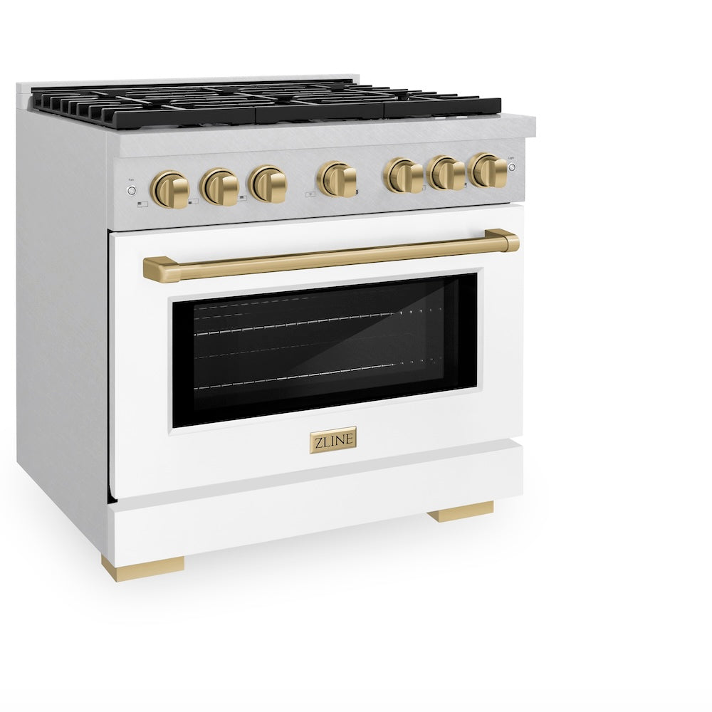 ZLINE Autograph Edition 36 in. 5.2 cu. ft. Paramount Dual Fuel Range with 6 Burner Gas Cooktop and Electric Convection Oven in DuraSnow® Stainless Steel with White Matte Door and Champagne Bronze Accents (SDRSZ-WM-36-CB) side, oven closed.