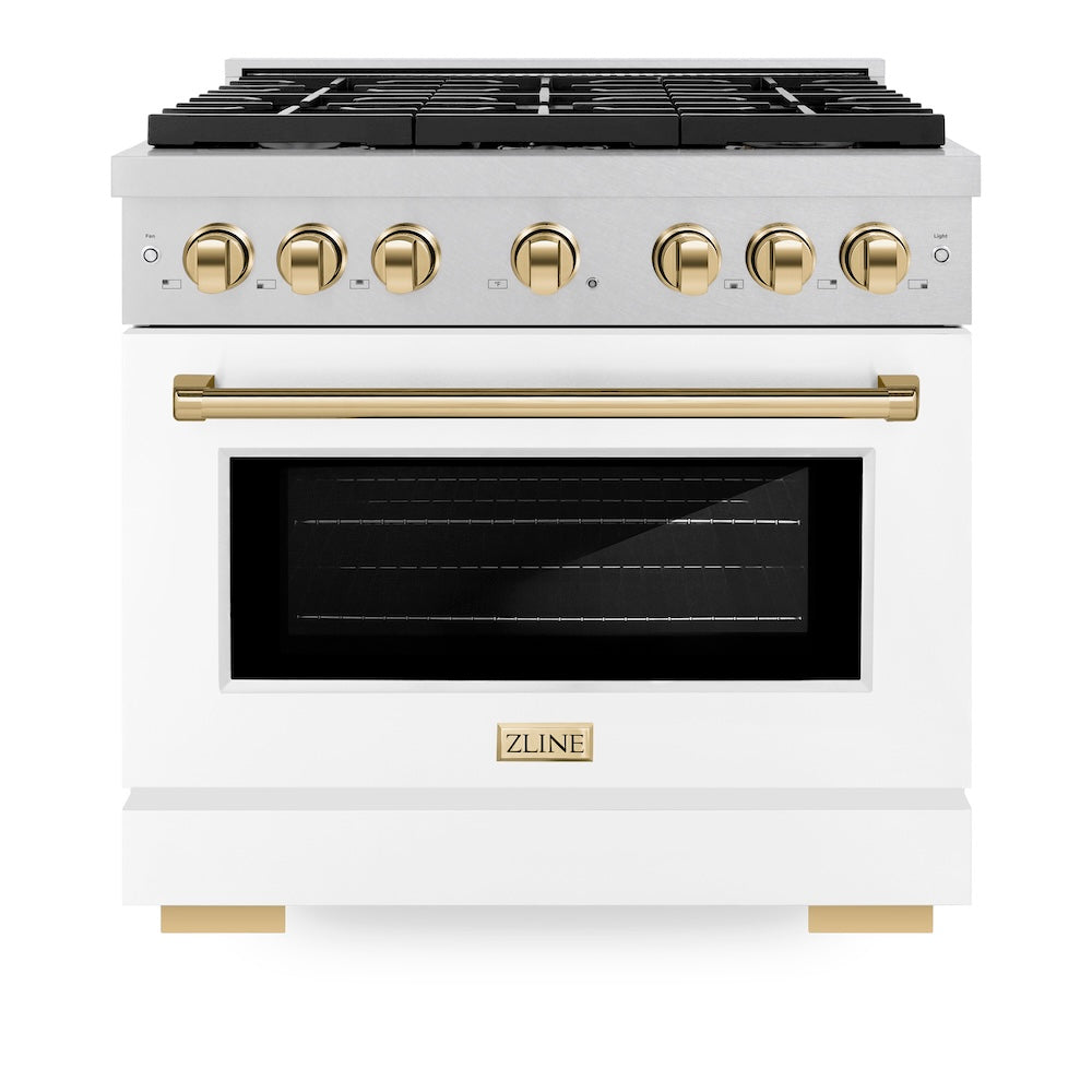 ZLINE Autograph Edition 36 in. 5.2 cu. ft. Paramount Dual Fuel Range with 6 Burner Gas Cooktop and Electric Convection Oven in DuraSnow® Stainless Steel with White Matte Door and Polished Gold Accents (SDRSZ-WM-36-G) front, oven closed.