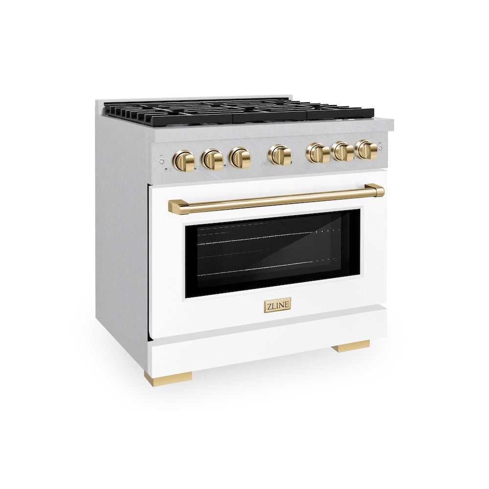 ZLINE Autograph Edition 36 in. 5.2 cu. ft. Paramount Dual Fuel Range with 6 Burner Gas Cooktop and Electric Convection Oven in DuraSnow® Stainless Steel with White Matte Door and Polished Gold Accents (SDRSZ-WM-36-G)