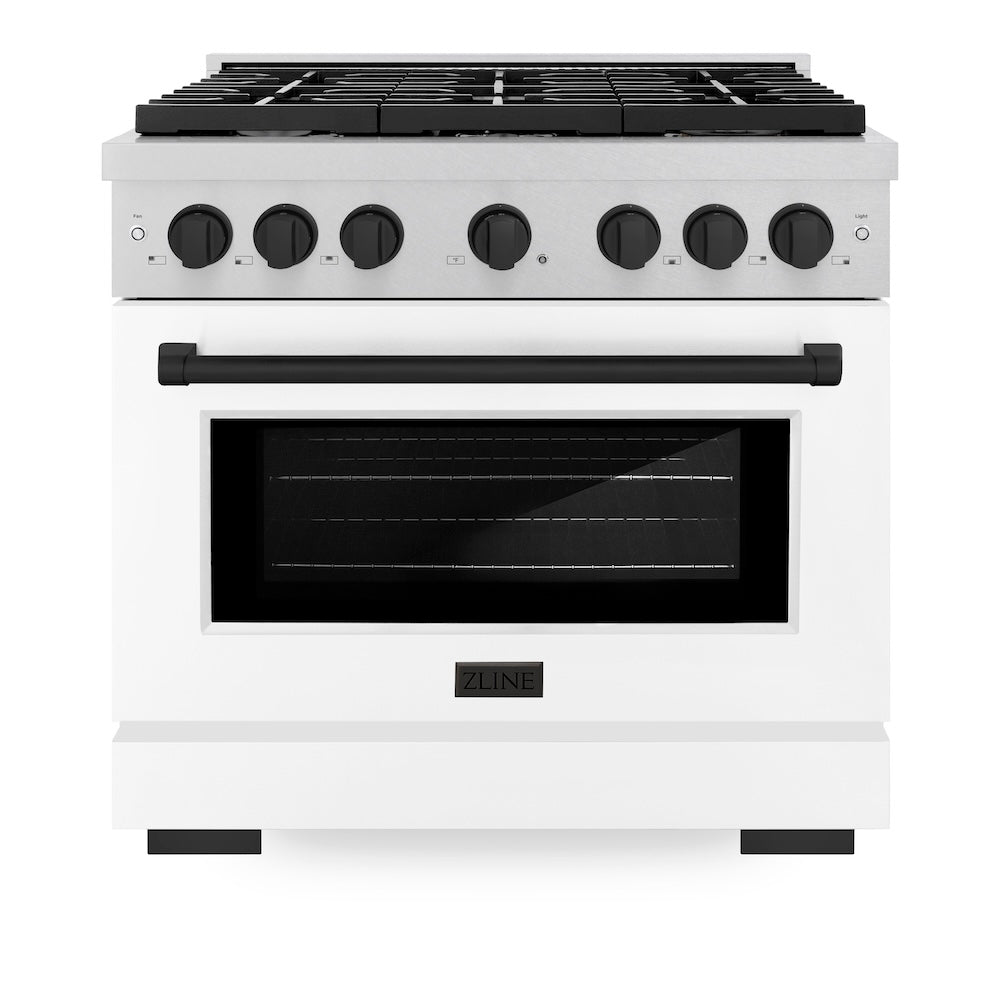 ZLINE Autograph Edition 36 in. 5.2 cu. ft. Paramount Dual Fuel Range with 6 Burner Gas Cooktop and Electric Convection Oven in DuraSnow® Stainless Steel with White Matte Door and Matte Black Accents (SDRSZ-WM-36-MB) front, oven closed.