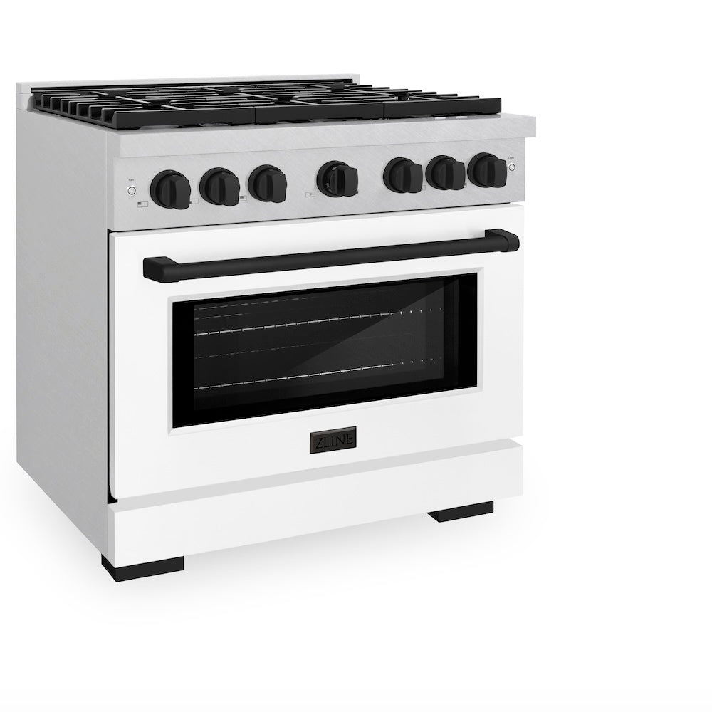 ZLINE Autograph Edition 36 in. 5.2 cu. ft. Paramount Dual Fuel Range with 6 Burner Gas Cooktop and Electric Convection Oven in DuraSnow® Stainless Steel with White Matte Door and Matte Black Accents (SDRSZ-WM-36-MB) side, oven closed.