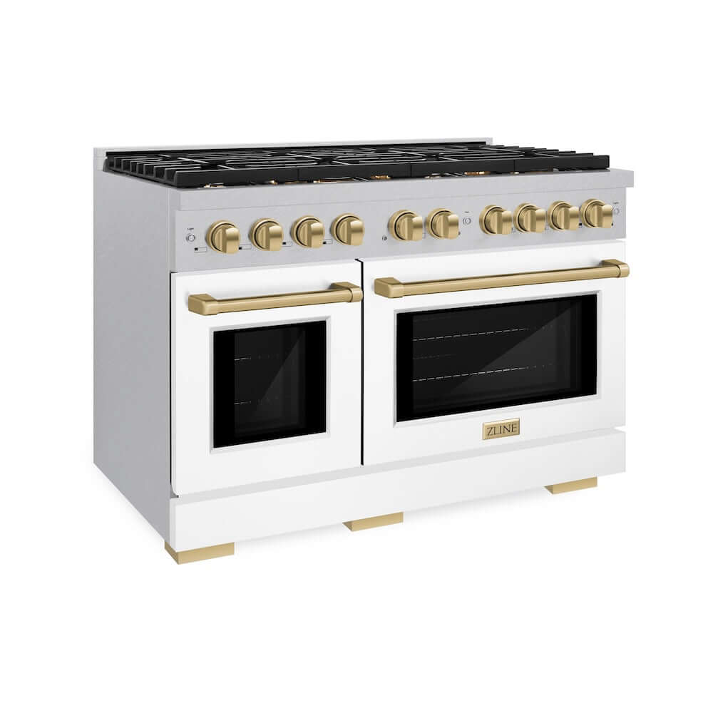 ZLINE Autograph Edition 48 in. 6.7 cu. ft. Paramount Double Oven Dual Fuel Range with 8 Burner Gas Cooktop in DuraSnow® Stainless Steel with White Matte Doors and Champagne Bronze Accents (SDRSZ-WM-48-CB)