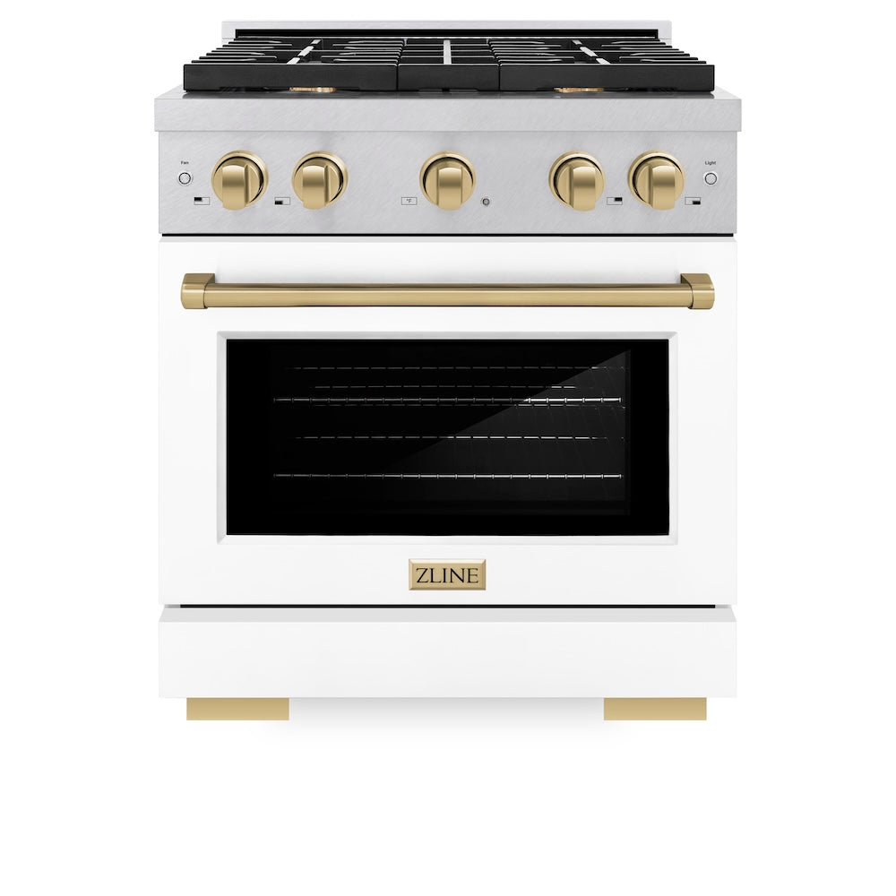 ZLINE Autograph Edition 30 in. 4.2 cu. ft. Paramount Gas Range with 4 Burner Cooktop and Convection Gas Oven in DuraSnow® Stainless Steel with White Matte Door and Champagne Bronze Accents (SGRSZ-WM-30-CB) front, oven closed.