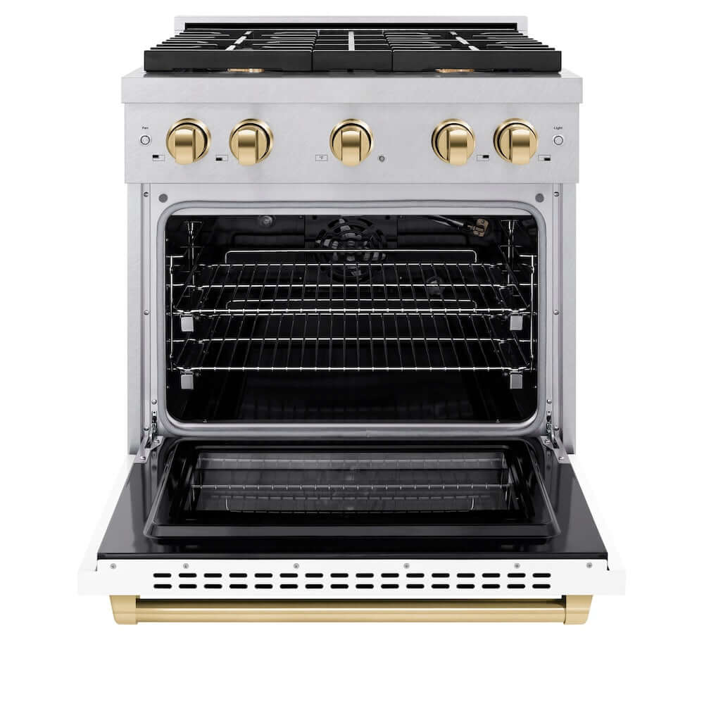 ZLINE Autograph Edition 30 in. 4.2 cu. ft. 4 Burner Gas Range with Convection Gas Oven in DuraSnow® Stainless Steel with White Matte Door and Polished Gold Accents (SGRSZ-WM-30-G) front, oven open.