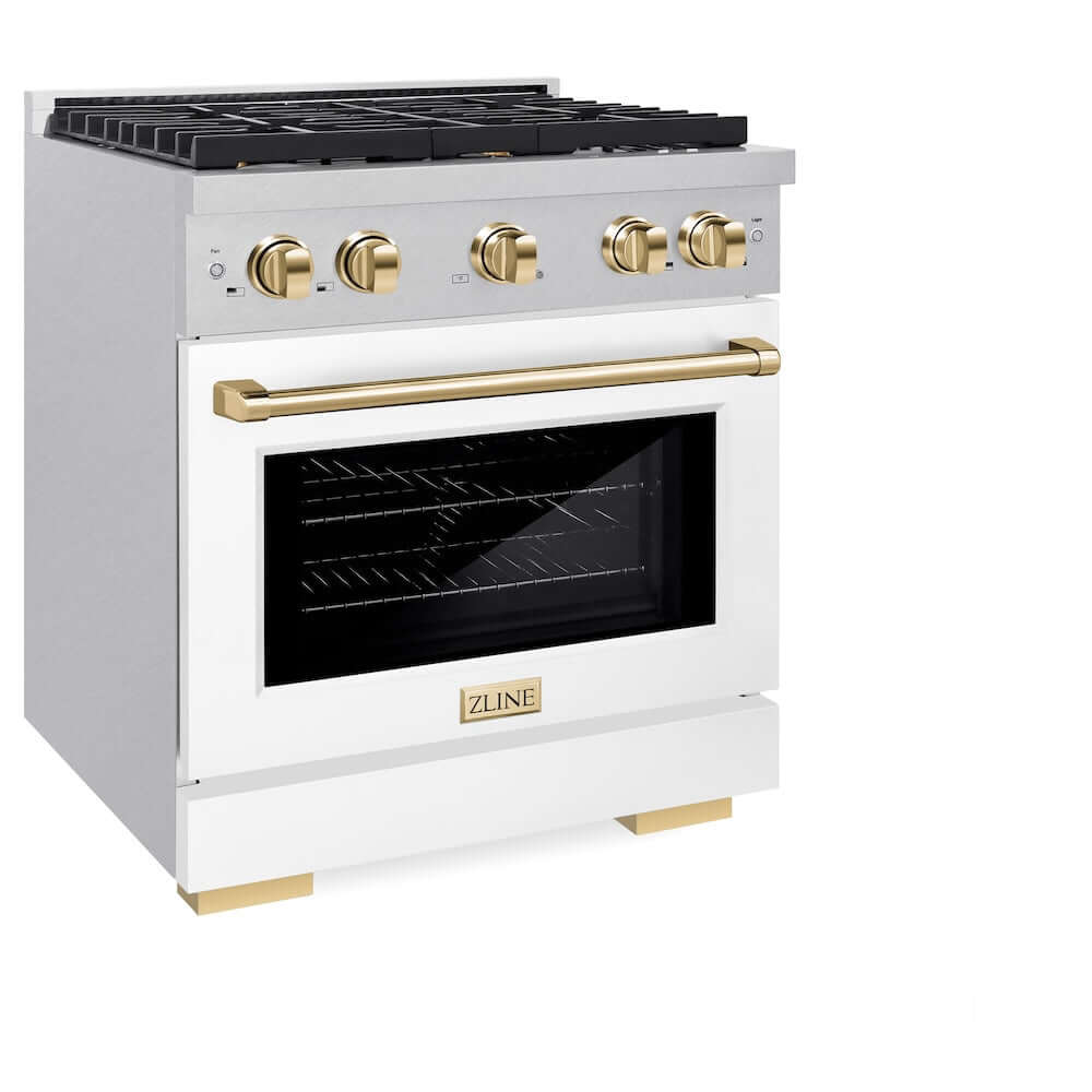 ZLINE Autograph Edition 30 in. 4.2 cu. ft. 4 Burner Gas Range with Convection Gas Oven in DuraSnow® Stainless Steel with White Matte Door and Polished Gold Accents (SGRSZ-WM-30-G) side, oven closed.