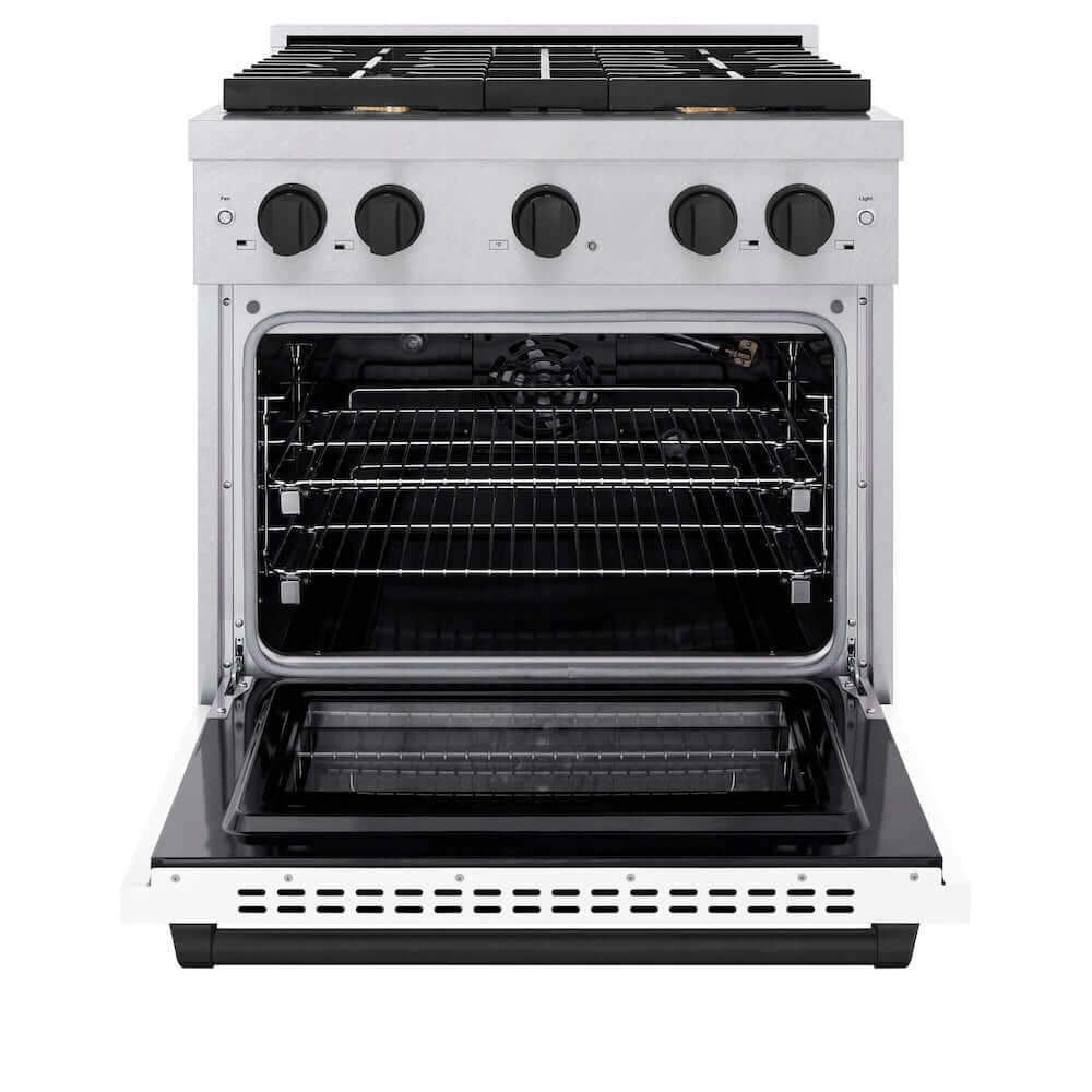 ZLINE Autograph Edition 30 in. 4.2 cu. ft. 4 Burner Gas Range with Convection Gas Oven in DuraSnow® Stainless Steel with White Matte Door and Matte Black Accents (SGRSZ-WM-30-MB) front, oven open.