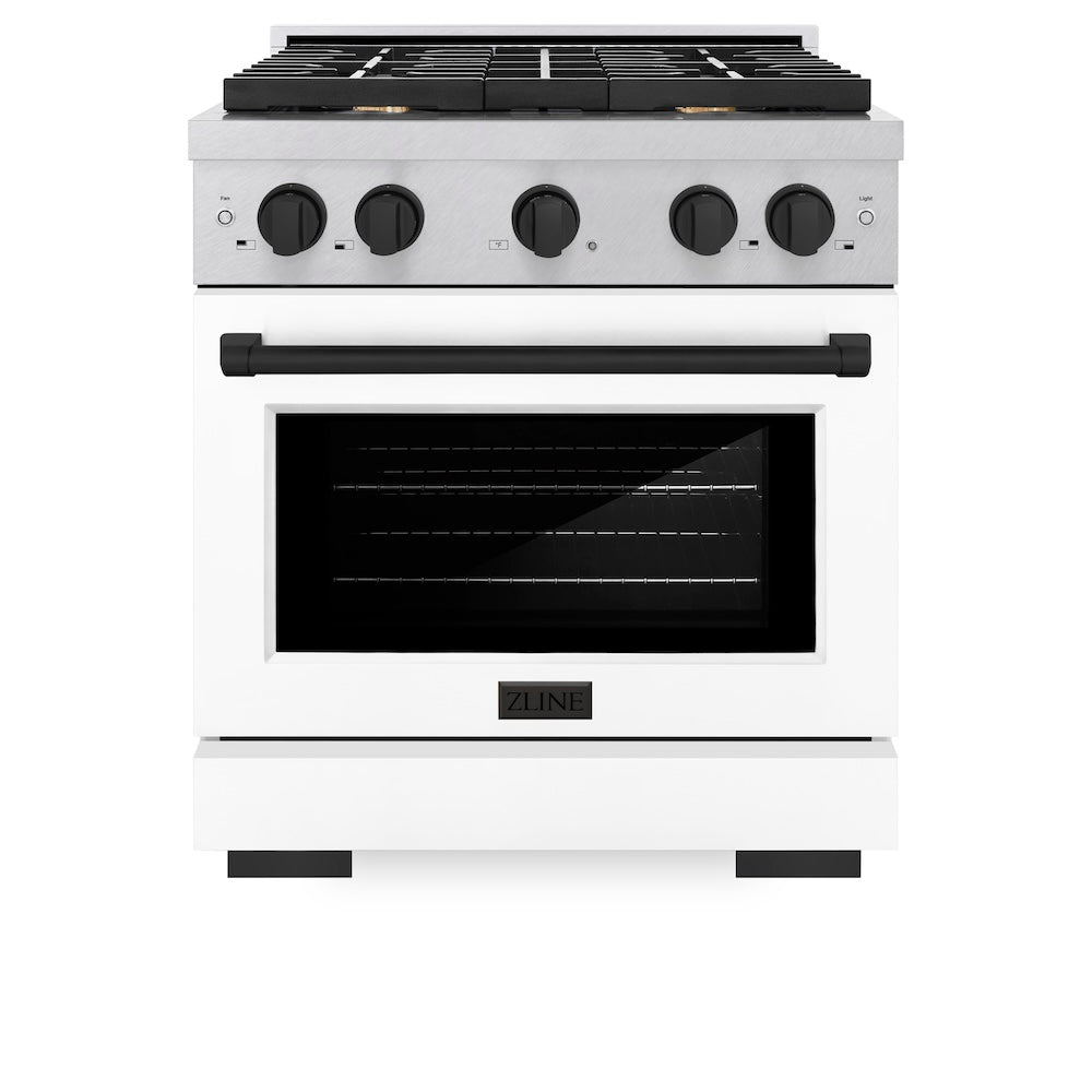 ZLINE Autograph Edition 30 in. 4.2 cu. ft. Paramount Gas Range with 4 Burner Cooktop and Convection Gas Oven in DuraSnow® Stainless Steel with White Matte Door and Matte Black Accents (SGRSZ-WM-30-MB) front, oven closed.