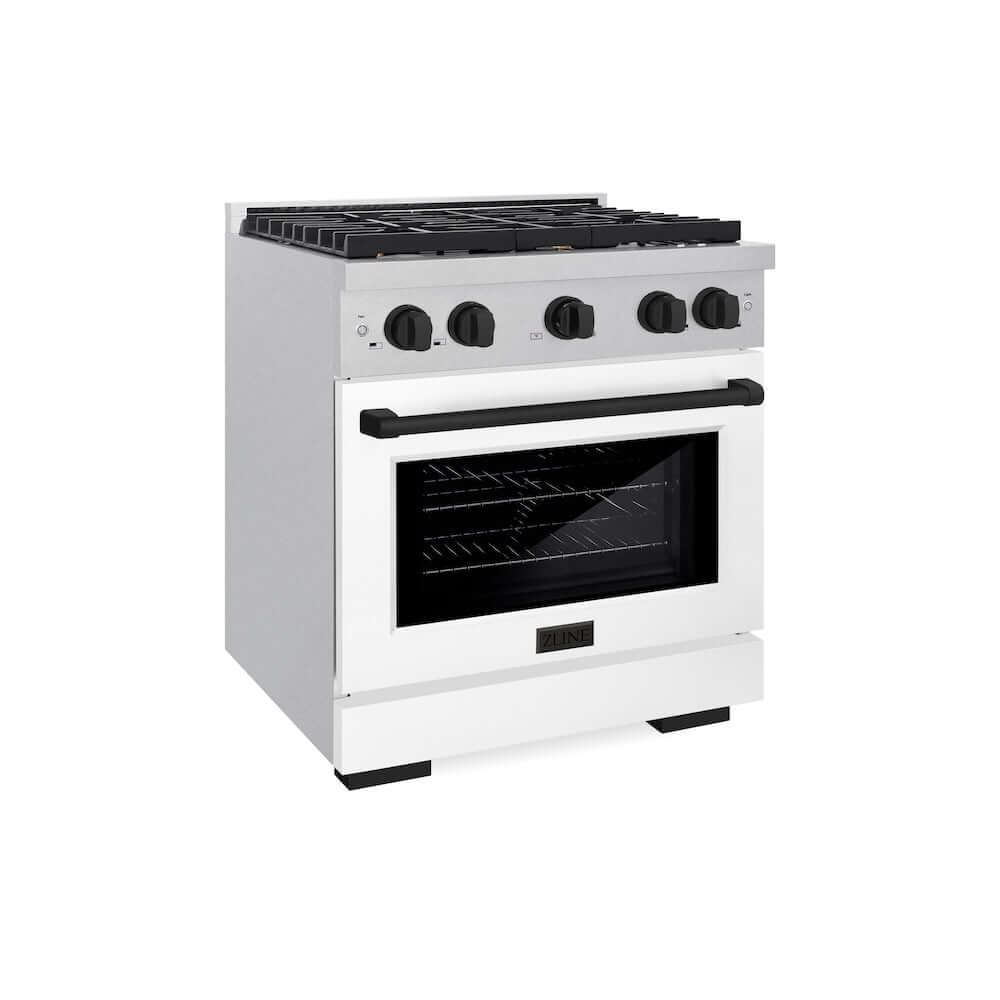 ZLINE Autograph Edition 30 in. 4.2 cu. ft. 4 Burner Gas Range with Convection Gas Oven in DuraSnow® Stainless Steel with White Matte Door and Matte Black Accents (SGRSZ-WM-30-MB) 