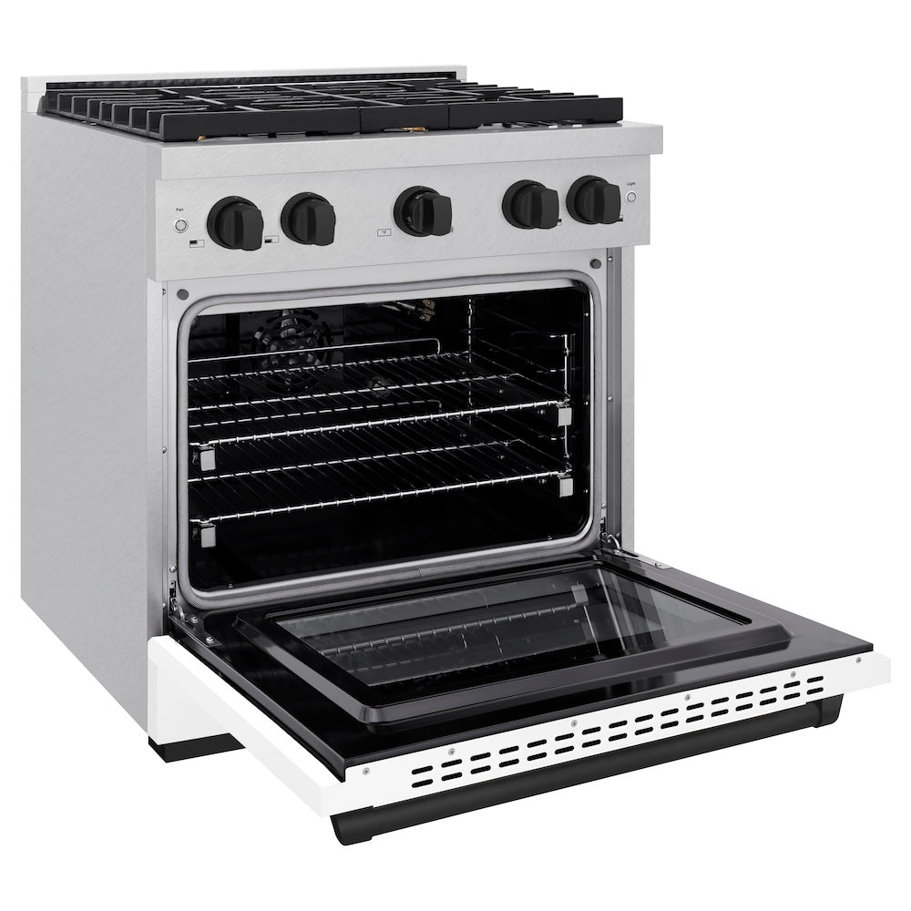 ZLINE Autograph Edition 30 in. 4.2 cu. ft. Paramount Gas Range with 4 Burner Cooktop and Convection Gas Oven in DuraSnow® Stainless Steel with White Matte Door and Matte Black Accents (SGRSZ-WM-30-MB) side, oven open.