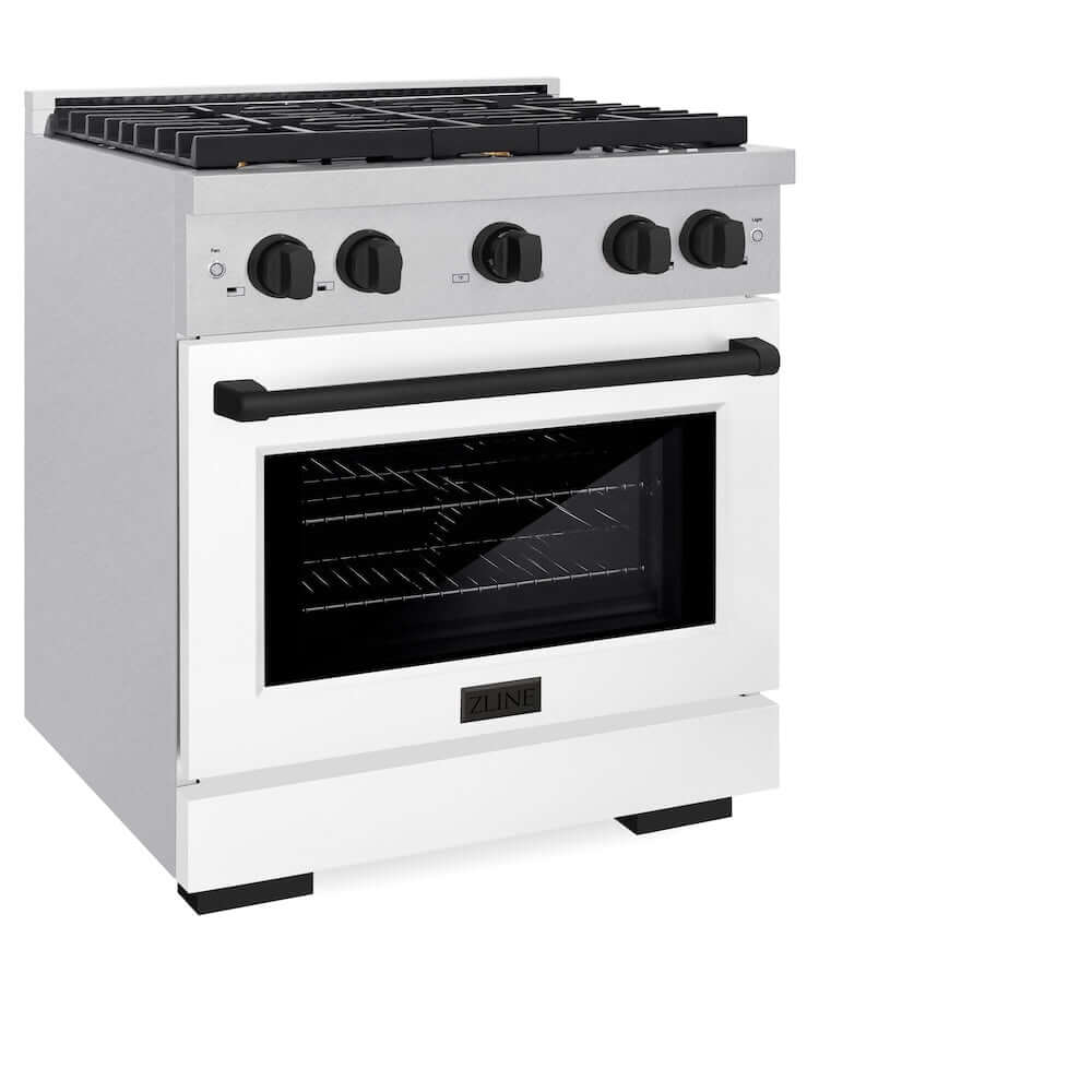 ZLINE Autograph Edition 30 in. 4.2 cu. ft. 4 Burner Gas Range with Convection Gas Oven in DuraSnow® Stainless Steel with White Matte Door and Matte Black Accents (SGRSZ-WM-30-MB) side, oven closed.