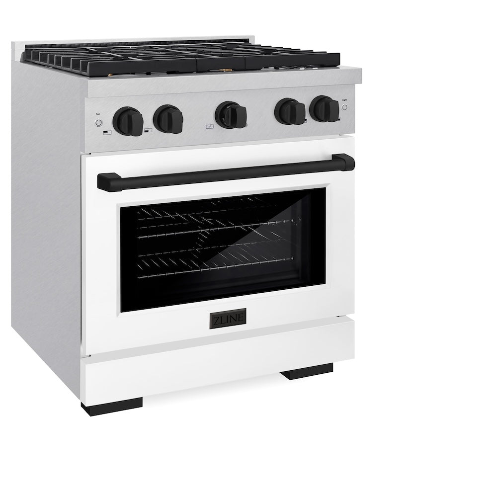 ZLINE Autograph Edition 30 in. 4.2 cu. ft. Paramount Gas Range with 4 Burner Cooktop and Convection Gas Oven in DuraSnow® Stainless Steel with White Matte Door and Matte Black Accents (SGRSZ-WM-30-MB) side, oven closed.