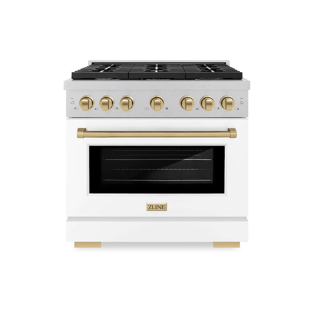 ZLINE Autograph Edition 36 in. 5.2 cu. ft. Paramount Gas Range with 6 Burner Cooktop and Convection Gas Oven in DuraSnow® Stainless Steel with White Matte Door and Champagne Bronze Accents (SGRSZ-WM-36-CB) front, oven closed.