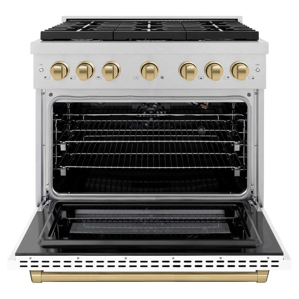 ZLINE Autograph Edition 36 in. 5.2 cu. ft. Paramount Gas Range with 6 Burner Cooktop and Convection Gas Oven in DuraSnow® Stainless Steel with White Matte Door and Champagne Bronze Accents (SGRSZ-WM-36-CB) front, oven open.