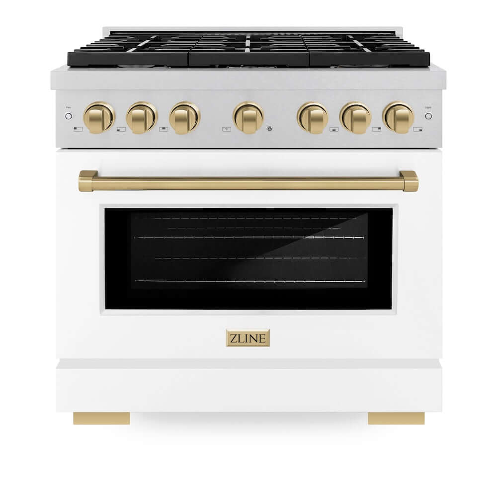 ZLINE Autograph Edition 36 in. 5.2 cu. ft. Paramount Gas Range with 6 Burner Cooktop and Convection Gas Oven in DuraSnow® Stainless Steel with White Matte Door and Champagne Bronze Accents (SGRSZ-WM-36-CB) front, oven closed.