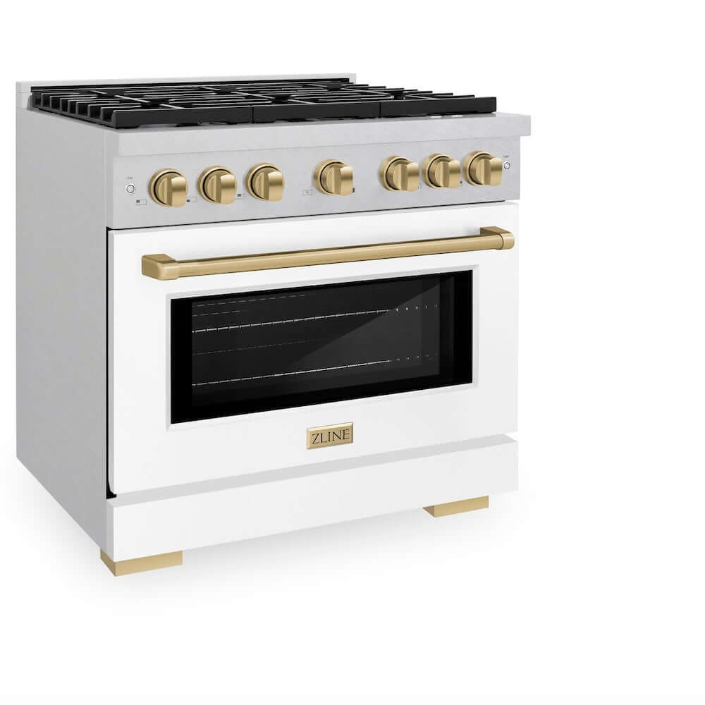 ZLINE Autograph Edition 36 in. 5.2 cu. ft. Paramount Gas Range with 6 Burner Cooktop and Convection Gas Oven in DuraSnow® Stainless Steel with White Matte Door and Champagne Bronze Accents (SGRSZ-WM-36-CB) side, oven closed.