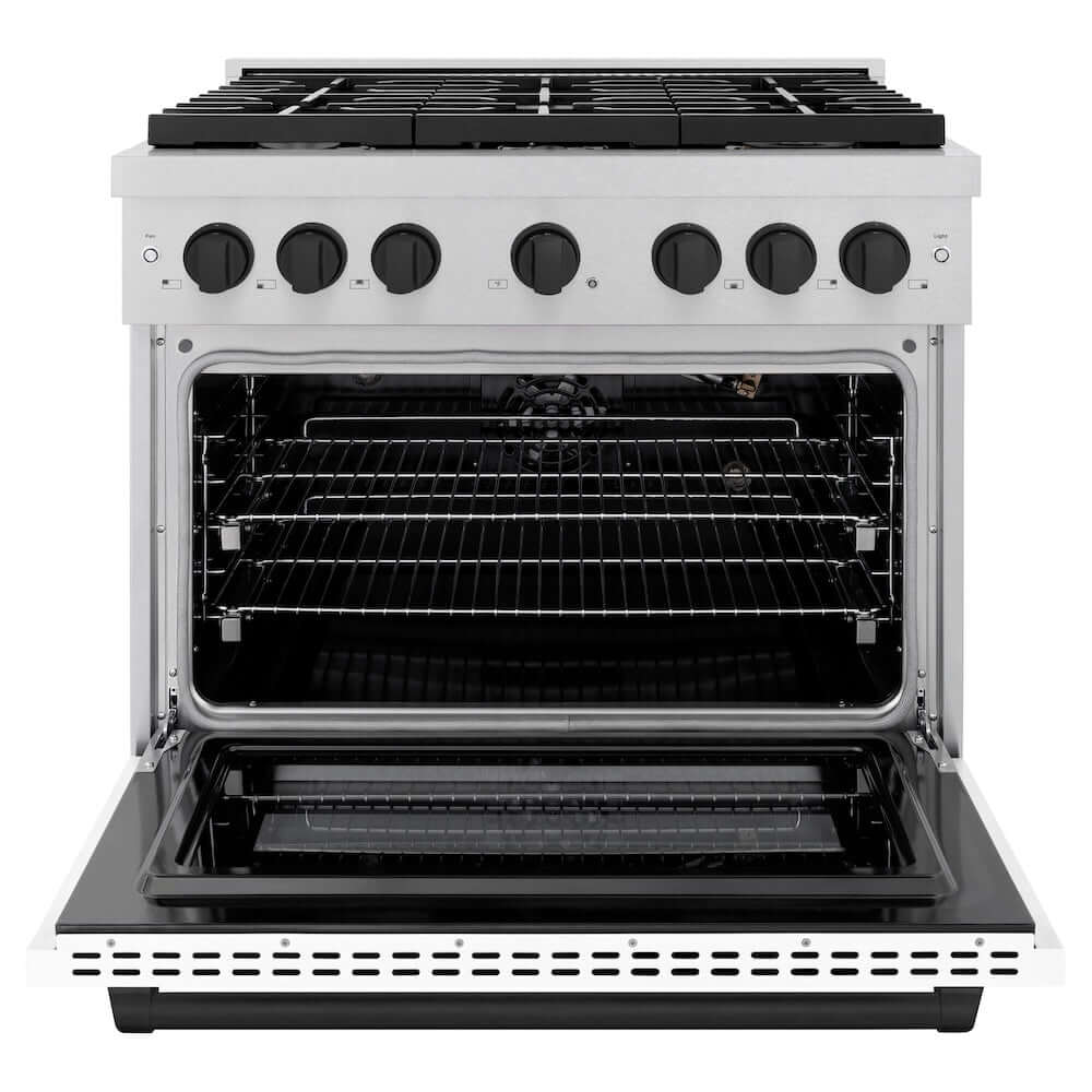 ZLINE Autograph Edition 36 in. 5.2 cu. ft. 6 Burner Gas Range with Convection Gas Oven in DuraSnow® Stainless Steel with White Matte Door and Matte Black Accents (SGRSZ-WM-36-MB) front, oven open.