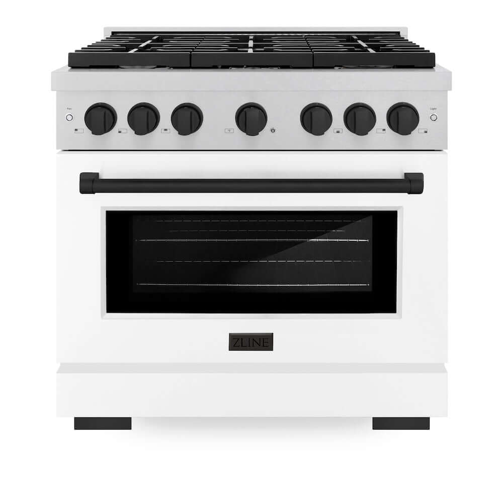 ZLINE Autograph Edition 36 in. 5.2 cu. ft. Paramount Gas Range with 6 Burner Cooktop and Convection Gas Oven in DuraSnow® Stainless Steel with White Matte Door and Matte Black Accents (SGRSZ-WM-36-MB) front, oven closed.