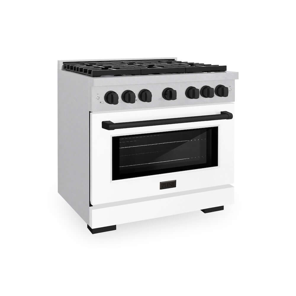 ZLINE Autograph Edition 36 in. 5.2 cu. ft. 6 Burner Gas Range with Convection Gas Oven in DuraSnow® Stainless Steel with White Matte Door and Matte Black Accents (SGRSZ-WM-36-MB) 