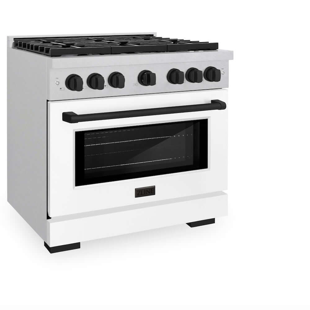 ZLINE Autograph Edition 36 in. 5.2 cu. ft. Paramount Gas Range with 6 Burner Cooktop and Convection Gas Oven in DuraSnow® Stainless Steel with White Matte Door and Matte Black Accents (SGRSZ-WM-36-MB) side, oven closed.