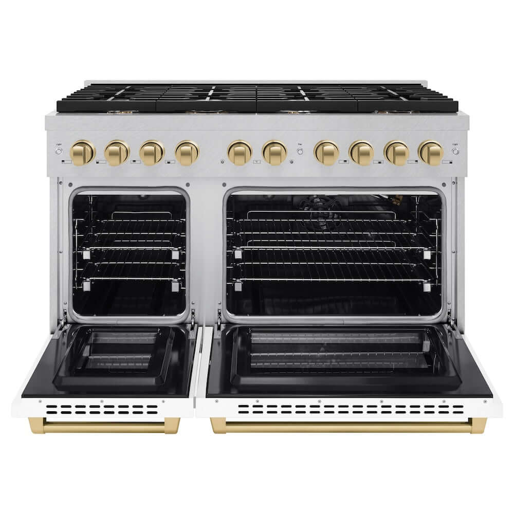 ZLINE Autograph Edition 48 in. 6.7 cu. ft. 8 Burner Double Oven Gas Range in DuraSnow® Stainless Steel with White Matte Doors and Champagne Bronze Accents (SGRSZ-WM-48-CB) front, oven open.