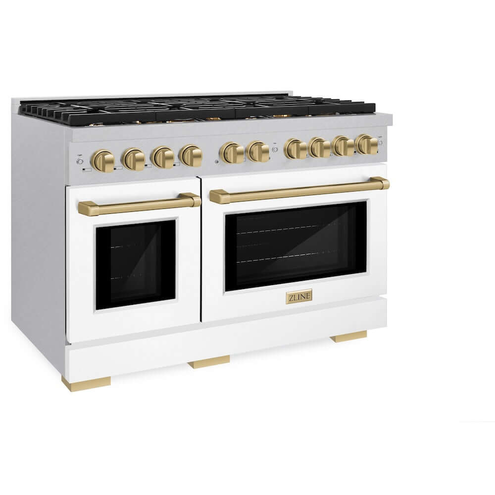 ZLINE Autograph Edition 48 in. 6.7 cu. ft. Paramount Double Oven Gas Range with 8 Burner Cooktop in DuraSnow® Stainless Steel with White Matte Doors and Champagne Bronze Accents (SGRSZ-WM-48-CB) side, oven closed.