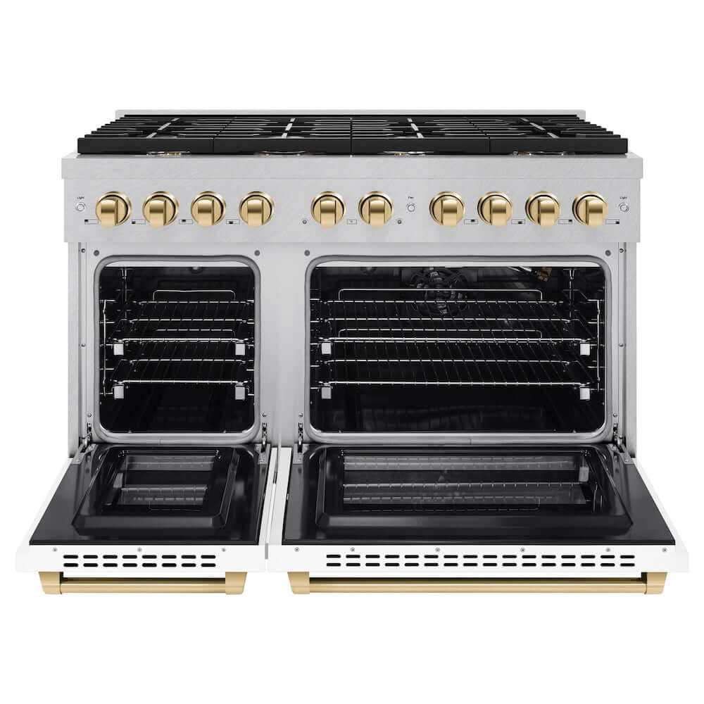 ZLINE Autograph Edition 48 in. 6.7 cu. ft. 8 Burner Double Oven Gas Range in DuraSnow® Stainless Steel with White Matte Doors and Polished Gold Accents (SGRSZ-WM-48-G) front, oven open.