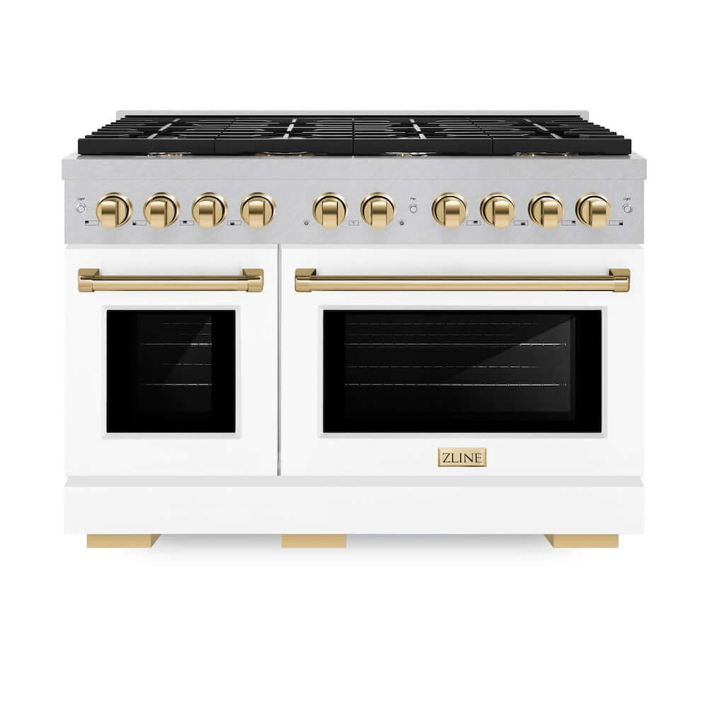 ZLINE Autograph Edition 48 in. 6.7 cu. ft. 8 Burner Double Oven Gas Range in DuraSnow® Stainless Steel with White Matte Doors and Polished Gold Accents (SGRSZ-WM-48-G) front, oven closed.