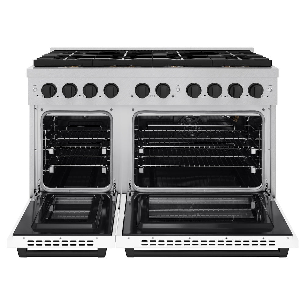 ZLINE Autograph Edition 48 in. 6.7 cu. ft. 8 Burner Double Oven Gas Range in DuraSnow® Stainless Steel with White Matte Doors and Matte Black Accents (SGRSZ-WM-48-MB) front, oven open.