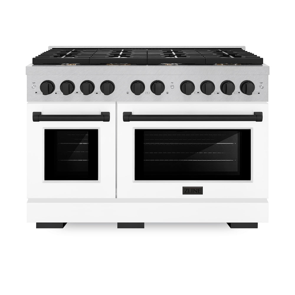 ZLINE Autograph Edition 48 in. 6.7 cu. ft. 8 Burner Double Oven Gas Range in DuraSnow® Stainless Steel with White Matte Doors and Matte Black Accents (SGRSZ-WM-48-MB) front, oven closed.