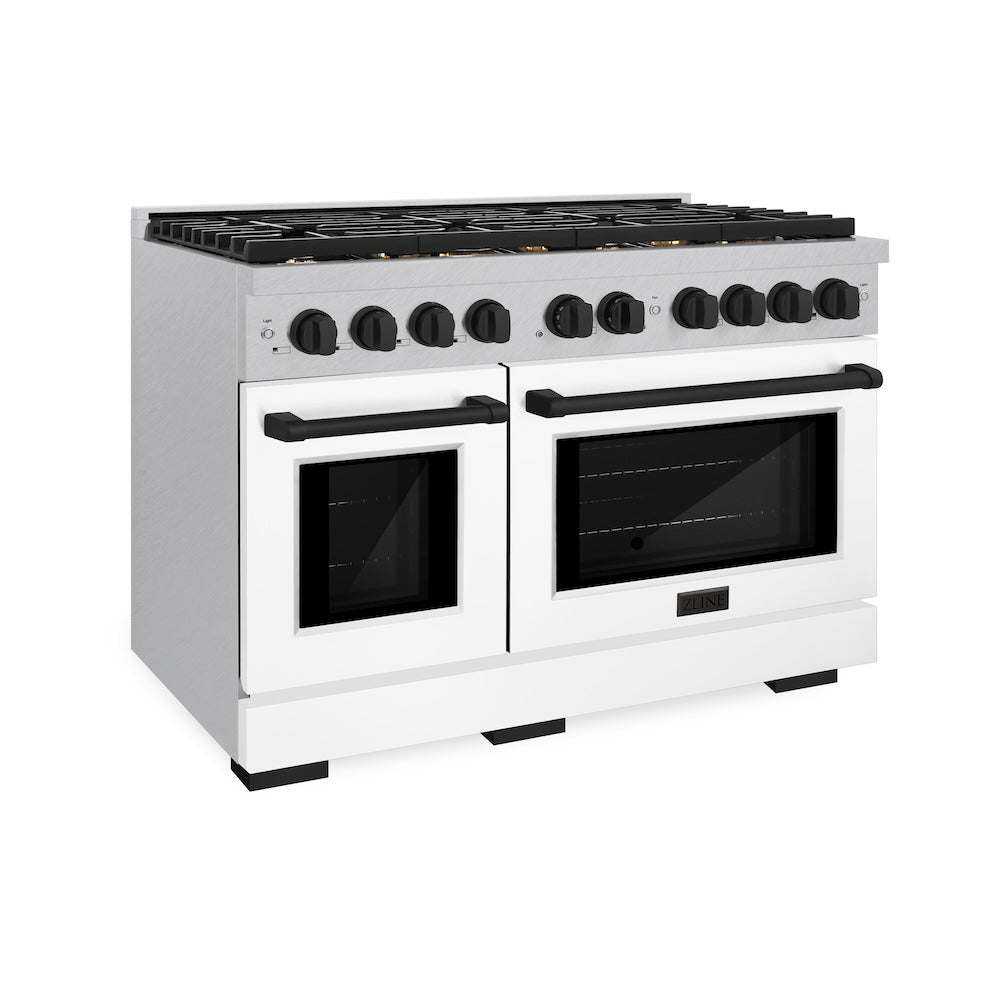 ZLINE Autograph Edition 48 in. 6.7 cu. ft. 8 Burner Double Oven Gas Range in DuraSnow® Stainless Steel with White Matte Doors and Matte Black Accents (SGRSZ-WM-48-MB) 