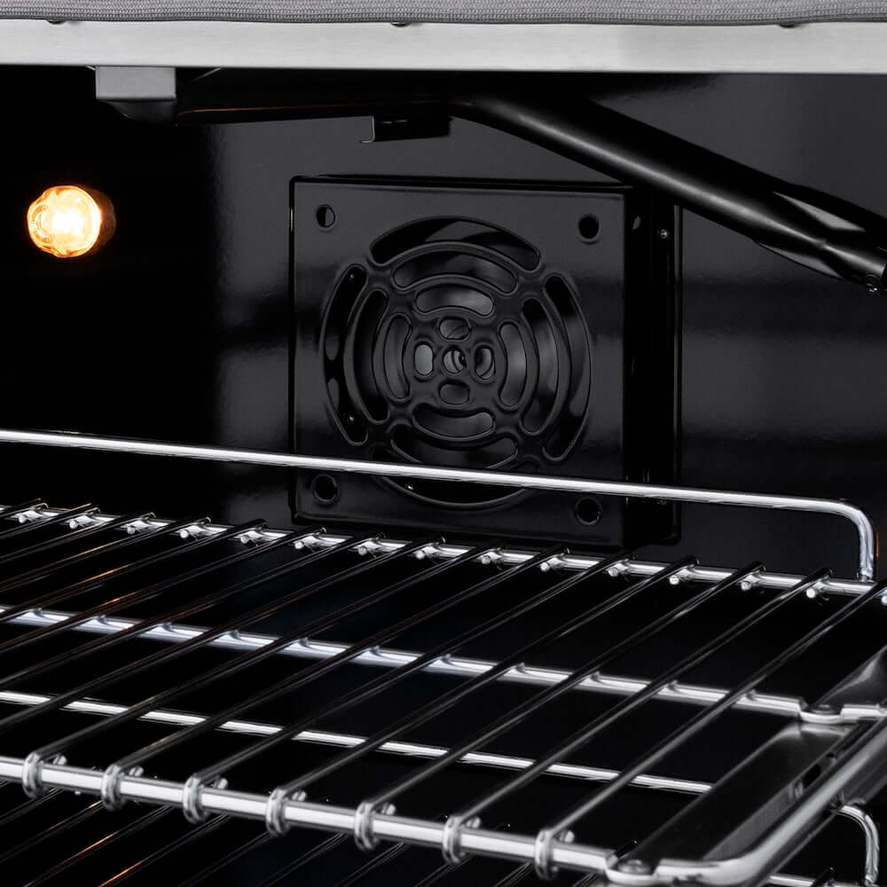 ZLINE Autograph Edition 48 in. 6.7 cu. ft. 8 Burner Double Oven Gas Range in DuraSnow® Stainless Steel with White Matte Doors and Matte Black Accents (SGRSZ-WM-48-MB) convection fan and lighting inside gas oven close-up.