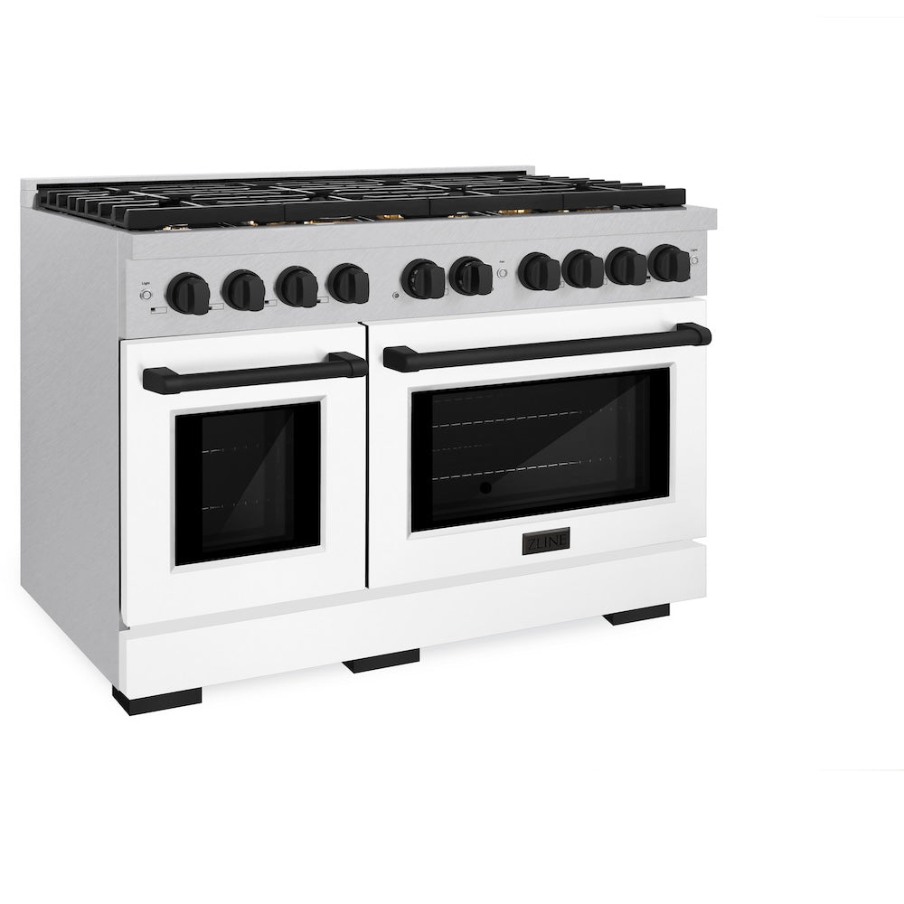 ZLINE Autograph Edition 48 in. 6.7 cu. ft. 8 Burner Double Oven Gas Range in DuraSnow® Stainless Steel with White Matte Doors and Matte Black Accents (SGRSZ-WM-48-MB) side, oven closed.