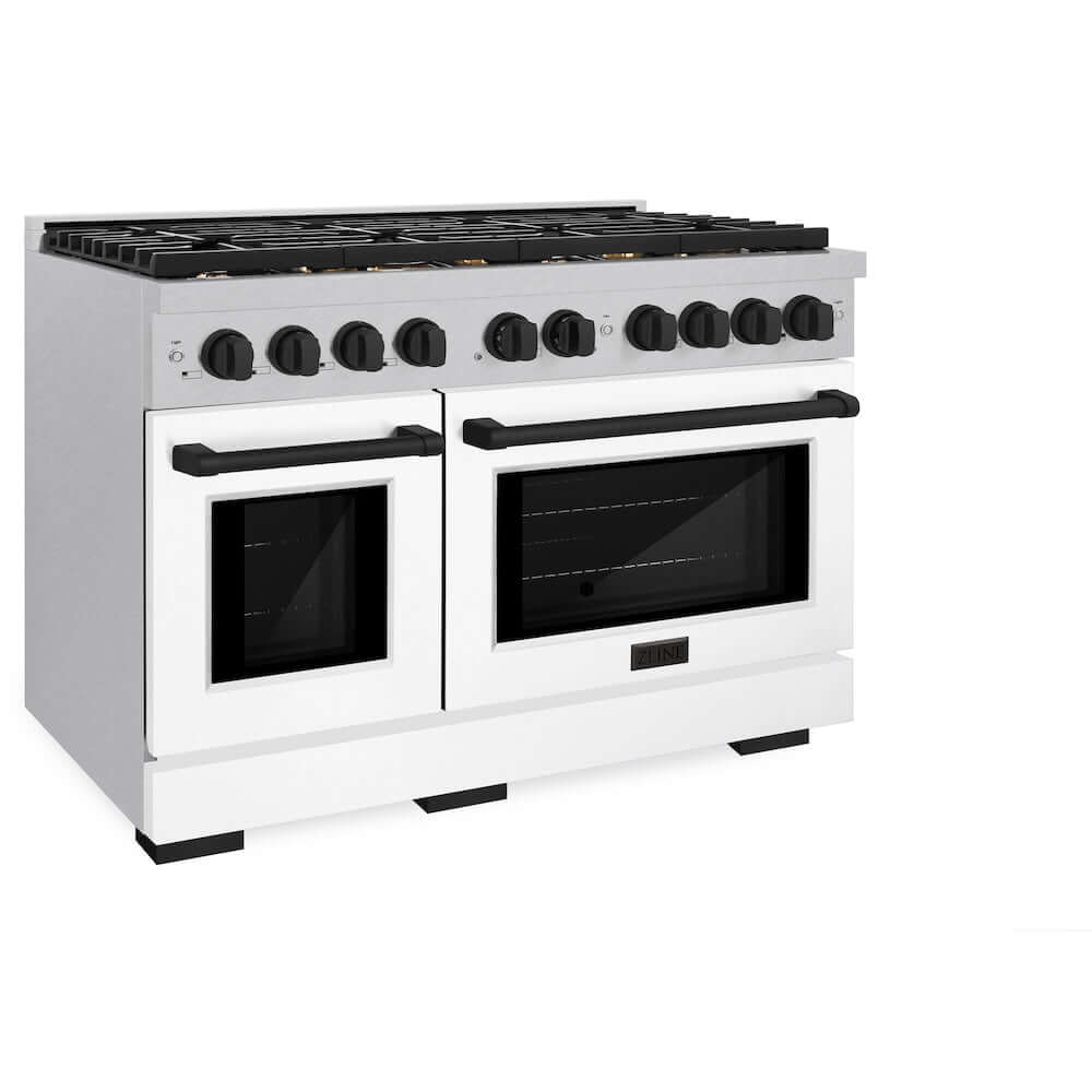 ZLINE Autograph Edition 48 in. 6.7 cu. ft. Paramount Double Oven Gas Range with 8 Burner Cooktop in DuraSnow® Stainless Steel with White Matte Doors and Matte Black Accents (SGRSZ-WM-48-MB) side, oven closed.