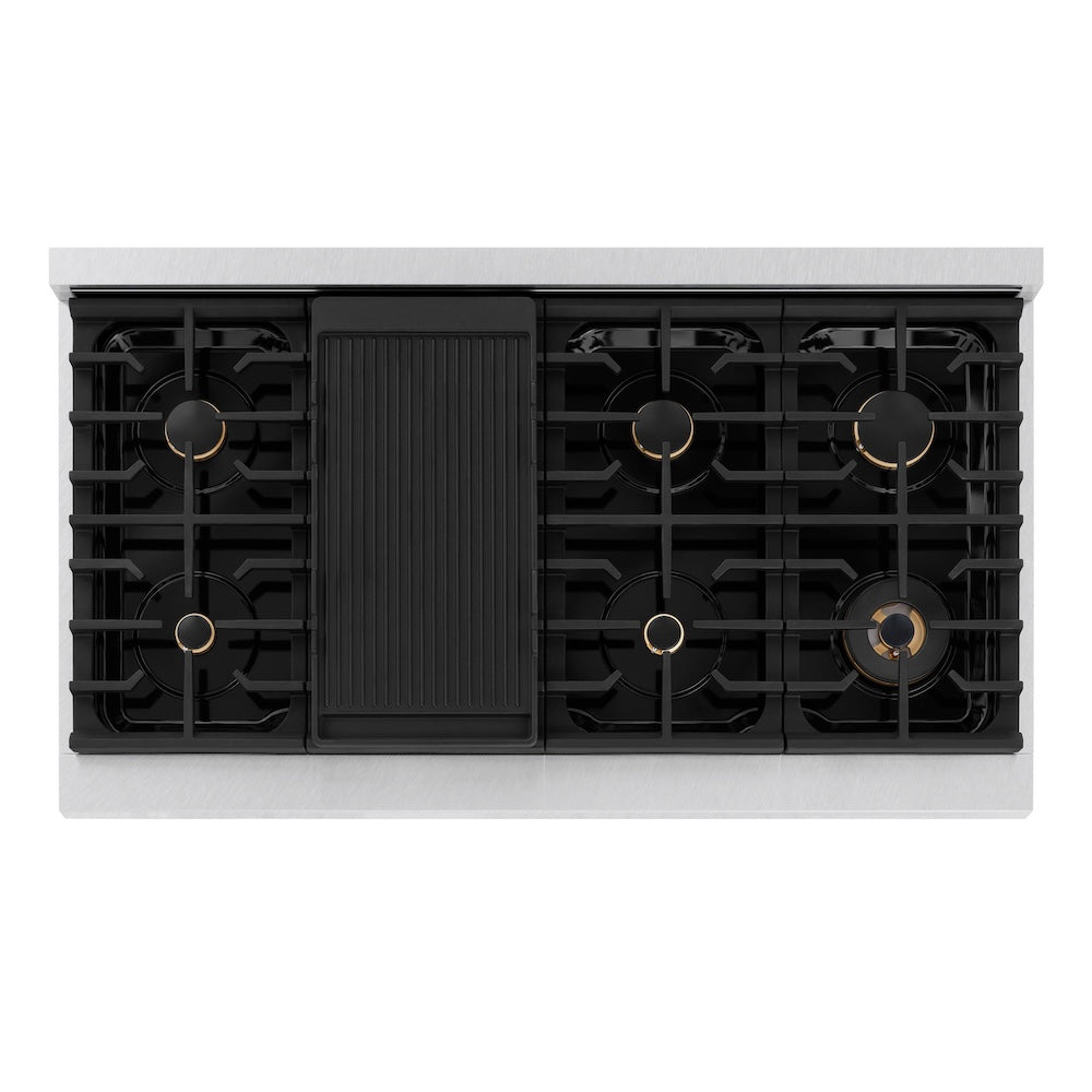 ZLINE Autograph Edition 48 in. 6.7 cu. ft. 8 Burner Double Oven Gas Range in DuraSnow® Stainless Steel with White Matte Doors and Matte Black Accents (SGRSZ-WM-48-MB) from above showing burners and cast-iron grates.