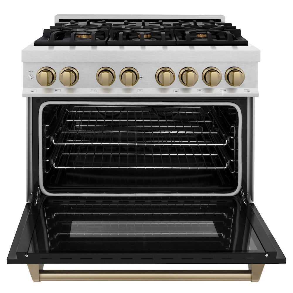 ZLINE Autograph Edition 36 in. 4.6 cu. ft. Legacy Dual Fuel Range with 6 Burner Gas Cooktop and Electric Convection Oven in Satin Stainless Steel with Black Matte Door and Champagne Bronze Accents, Open Box-Good Condition