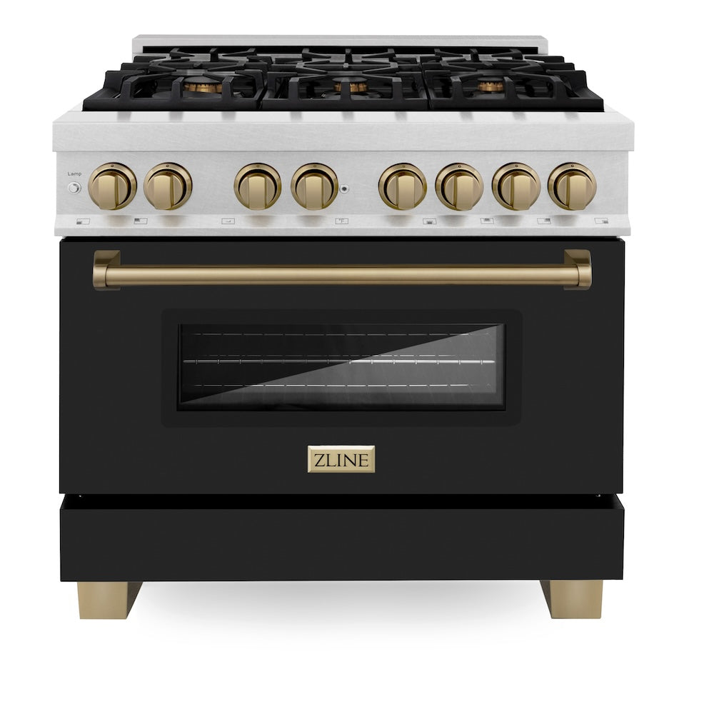 ZLINE Autograph Edition 36 in. 4.6 cu. ft. Legacy Dual Fuel Range with 6 Burner Gas Cooktop and Electric Convection Oven in Satin Stainless Steel with Black Matte Door and Champagne Bronze Accents (RASZ-BLM-36-CB) front.